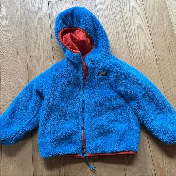 LL Bean Kids Orange Blue Hooded Fleece Lined Jacket Size 3T Blue Reversible - Picture 9 of 9